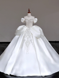 Classy Elegant Ball Gown Off The Shoulder Satin White Short Sleeves Wedding Dress Brides Dress HZ1121