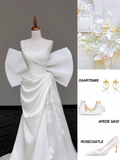 Unique Bridal Gown Mermaid Strapless White Satin Wedding Dresses One Shoulder Bridal Gowns HZ1121