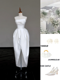 Unique Bridal Gown A line Strapless Satin Ivory Wedding Dresses Minimalist Bridal Gowns HZ1121