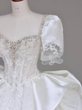 Classy Elegant Ball Gown Sweetheart White Short Sleeves Satin Wedding Dress Brides Dress HZ1121