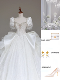 Classy Elegant Ball Gown Sweetheart White Short Sleeves Satin Wedding Dress Brides Dress HZ1121
