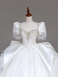 Classy Elegant Ball Gown Sweetheart White Short Sleeves Satin Wedding Dress Brides Dress HZ1121