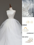 Unique Bridal Gown Ball Gown High Neckline Sleeveless Tulle White Wedding Dresses Bridal Gowns HZ1121