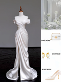 Unique Bridal Gown Mermaid Off The Shoulder Satin Ivory Slit Wedding Dresses Bridal Gowns HZ1121