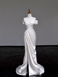 Unique Bridal Gown Mermaid Off The Shoulder Satin Ivory Slit Wedding Dresses Bridal Gowns HZ1121