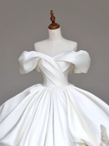 Classy Elegant Ball Gown Off The Shoulder White Short Sleeves Satin Wedding Dress Brides Dress HZ1121