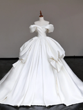 Classy Elegant Ball Gown Off The Shoulder White Short Sleeves Satin Wedding Dress Brides Dress HZ1121