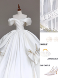 Classy Elegant Ball Gown Off The Shoulder White Short Sleeves Satin Wedding Dress Brides Dress HZ1121