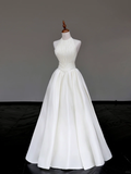 Unique Bridal Gown A line Scoop Sleeveless Satin White Wedding Dresses Bridal Gowns HZ1121