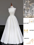 Unique Bridal Gown A line Scoop Sleeveless Satin White Wedding Dresses Bridal Gowns HZ1121
