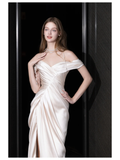 Unique Bridal Gown Mermaid Off The Shoulder Satin Ivory Slit Wedding Dresses Bridal Gowns HZ1121