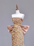Gorgeous Sheath Strapless Sequin Gold Long Prom Dress Party Dress Graduation Dresses HZ1121