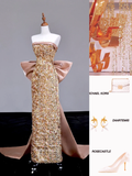 Gorgeous Sheath Strapless Sequin Gold Long Prom Dress Party Dress Graduation Dresses HZ1121