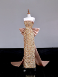 Gorgeous Sheath Strapless Sequin Gold Long Prom Dress Party Dress Graduation Dresses HZ1121