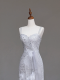 Gorgeous A Line Spaghetti Straps Sequin Silver Long Prom Dress Party Dress Graduation Dresses HZ1121