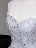 Gorgeous A Line Spaghetti Straps Sequin Silver Long Prom Dress Party Dress Graduation Dresses HZ1121