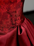 Gorgeous Ball Gown Off The Shoulder Burgundy Satin Long Prom Dresses Graduation Dresses HZ1121
