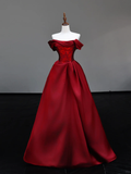 Gorgeous Ball Gown Off The Shoulder Burgundy Satin Long Prom Dresses Graduation Dresses HZ1121