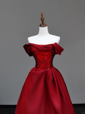 Gorgeous Ball Gown Off The Shoulder Burgundy Satin Long Prom Dresses Graduation Dresses HZ1121