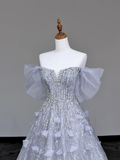 Gorgeous Ball Gown Off The Shoulder Silver Gray Sequin Long Prom Dresses Graduation Dresses HZ1121