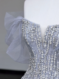 Gorgeous Ball Gown Off The Shoulder Silver Gray Sequin Long Prom Dresses Graduation Dresses HZ1121