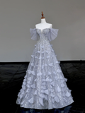 Gorgeous Ball Gown Off The Shoulder Silver Gray Sequin Long Prom Dresses Graduation Dresses HZ1121