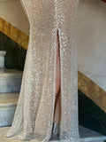 Gorgeous Pink Mermaid Straps Sequin Prom Dresses With Slit Graduation Dresses HZ1121