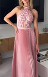 Elegant Wedding Guest Outfit A line Halter Hot Pink Satin Prom Dresses Summer Wedding Guest Dresses Graduation Dresses HZ1121