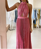 Elegant Wedding Guest Outfit A line Halter Hot Pink Satin Prom Dresses Summer Wedding Guest Dresses Graduation Dresses HZ1121