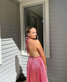 Elegant Wedding Guest Outfit A line Halter Hot Pink Satin Prom Dresses Summer Wedding Guest Dresses Graduation Dresses HZ1121