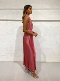 Elegant Wedding Guest Outfit A line Halter Hot Pink Satin Prom Dresses Summer Wedding Guest Dresses Graduation Dresses HZ1121