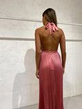 Elegant Wedding Guest Outfit A line Halter Hot Pink Satin Prom Dresses Summer Wedding Guest Dresses Graduation Dresses HZ1121