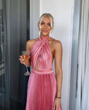 Elegant Wedding Guest Outfit A line Halter Hot Pink Satin Prom Dresses Summer Wedding Guest Dresses Graduation Dresses HZ1121