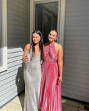 Elegant Wedding Guest Outfit A line Halter Hot Pink Satin Prom Dresses Summer Wedding Guest Dresses Graduation Dresses HZ1121