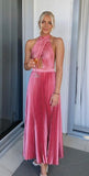 Elegant Wedding Guest Outfit A line Halter Hot Pink Satin Prom Dresses Summer Wedding Guest Dresses Graduation Dresses HZ1121