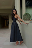 Elegant Wedding Guest Outfit A line Strapless Black Satin Prom Dresses Summer Wedding Guest Dresses Graduation Dresses HZ1121