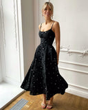 Elegant Wedding Guest Outfit A line Straps Black Satin Night Dresses Summer Wedding Guest Dresses Graduation Dresses HZ1121
