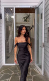 Gorgeous Sheath Off The Shoulder Black Tie Long Prom Dresses Formal Summer Wedding Guest Dresses Wedding Guest Outfits HZ1121