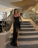 Classy Mermaid Square Neckline Black Tie Prom Dresses Satin Summer Wedding Guest Dresses Wedding Guest Outfits HZ1121