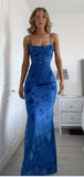 Classy Mermaid Spaghetti Straps Floral Blue Prom Dresses Satin Summer Wedding Guest Dresses Wedding Guest Outfits HZ1121