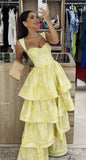 Gorgeous A line Yellow Floral Prom Dresses Formal Summer Wedding Guest Dresses Wedding Guest Outfits HZ1121