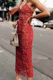 Classy Sheath Spaghetti Straps Red Lace Prom Dresses Summer Wedding Guest Dresses Wedding Guest Outfits HZ1121