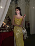 Classy Mermaid Spaghetti Straps Yellow Sequin Prom Dresses Summer Wedding Guest Dresses Wedding Guest Outfits HZ1121