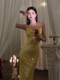 Classy Mermaid Spaghetti Straps Yellow Sequin Prom Dresses Summer Wedding Guest Dresses Wedding Guest Outfits HZ1121