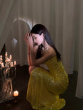 Classy Mermaid Spaghetti Straps Yellow Sequin Prom Dresses Summer Wedding Guest Dresses Wedding Guest Outfits HZ1121