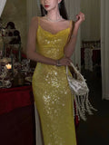 Classy Mermaid Spaghetti Straps Yellow Sequin Prom Dresses Summer Wedding Guest Dresses Wedding Guest Outfits HZ1121