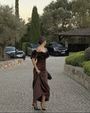 Elegant Wedding Guest Outfit Sheath Off The Shoulder Brown Night Dresses Summer Wedding Guest Dresses Graduation Dresses HZ1121