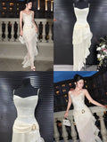 Gorgeous High Low Straps Ivory Chiffon Prom Dresses Formal Summer Wedding Guest Dresses Wedding Guest Outfits HZ1121