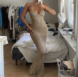 Classy Mermaid Spaghetti Straps Champagne Beads Prom Dresses Summer Wedding Guest Dresses Wedding Guest Outfits HZ1121