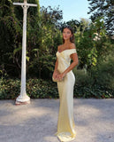 Gorgeous Sheath Off The Shoulder Yellow Satin Prom Dresses Formal Summer Wedding Guest Dresses Wedding Guest Outfits HZ1121